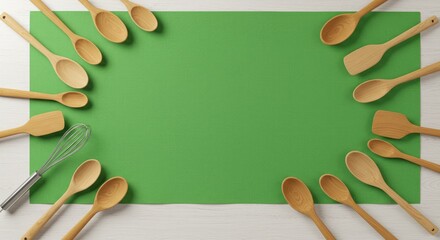 Overhead view showcases wooden kitchen utensils encircling a vibrant green rectangle on a white wooden surface. A whisk is included