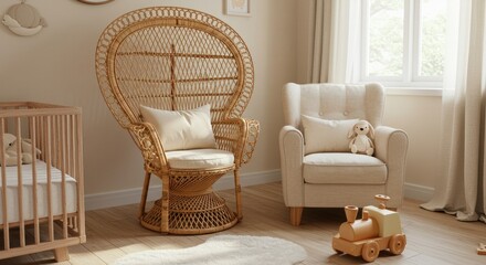 Cozy nursery with wicker peacock chair, armchair, crib, and toy train