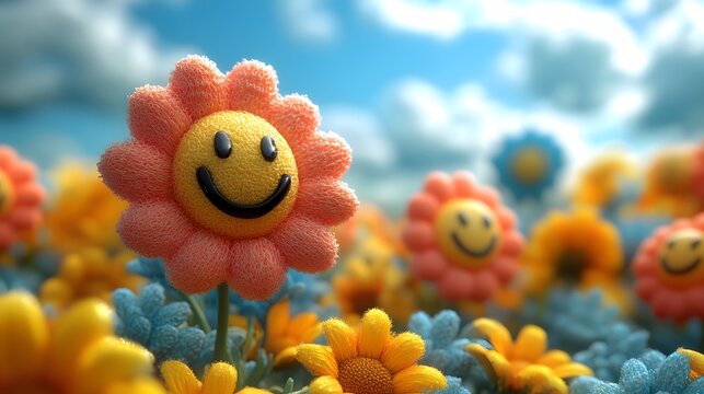 A vibrant field bursts with cheerful smiley face flowers under a bright blue sky. The close-up shot highlights textures and colors creating a whimsical and uplifting visual experience.