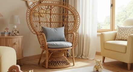 Interior shot of a nursery room with rattan peacock chair, soft armchair, wooden side table and a teddy bear