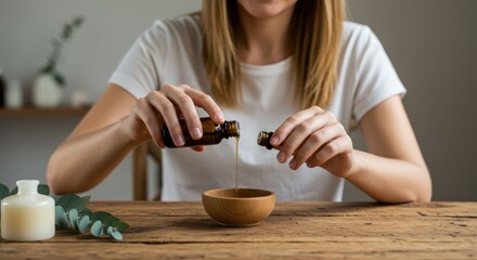 Hands pouring amber liquid from small bottle into wooden bowl