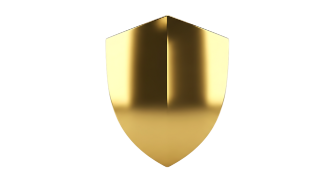 Polished Gold Shield Emblem with Sharp Edges and Reflective Surface, isolated on a white or transparent background, cutout, PNG