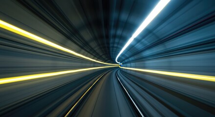 Motion blur streaks of light illuminate a futuristic, curved subway tunnel at high speed