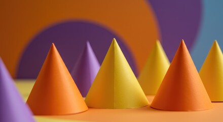 Colorful geometric paper cones stand against an abstract background of curved shapes in various hues. Focus on the forms and tones