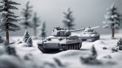 Naklejka premium Miniature Tank Brigade in a Snowy Forest, Cold War Game, Winter Landscape