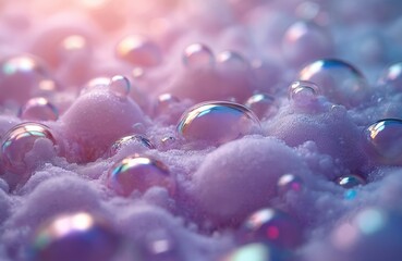 Abstract photo of soap bubbles with pastel colors. Shiny iridescent spheres float atop a textured surface creating dreamy visual. Bubbles sparkle in gentle light. Background creates aesthetic mood.