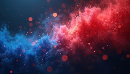 Vibrant abstract illustration shows cosmic dust cloud with red and blue colors. Energetic design evokes nebula concept. It can be used as background for patriotic events or wallpaper on tech gadgets.
