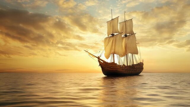 Large historic ship sailing on open sea during sunset