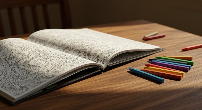 A detailed coloring book lies open on a wooden table, next to a collection of colorful crayons, illuminated by soft sunlight