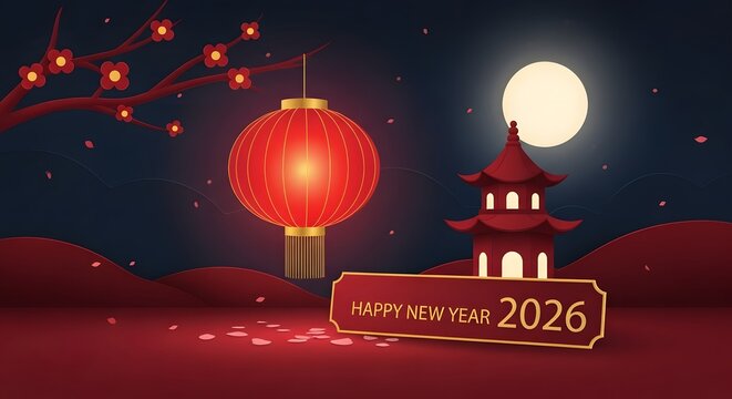 Happy New Year 2026 celebration background with traditional red lantern, pagoda, moon, and blooming branch at night for Asian holiday - Powered by Adobe