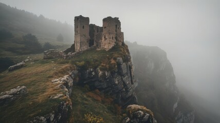 Misty Mountaintop Ruins of an Ancient Fortress