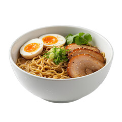 Delicious Ramen Bowl With Sliced Pork Eggs And Green Onions Isolated On White Background Studio Shot
