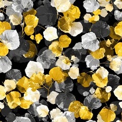 Naklejka premium Seamless pattern with autumn leaves in yellow, gray, and white on a black background for textile, wallpaper, scrapbooking, or digital design.