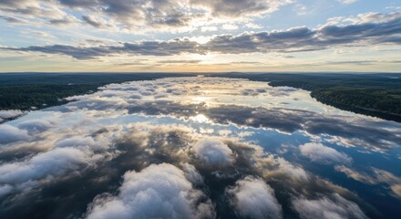 Aerial view of misty river at sunrise, clouds reflecting on water, forest banks