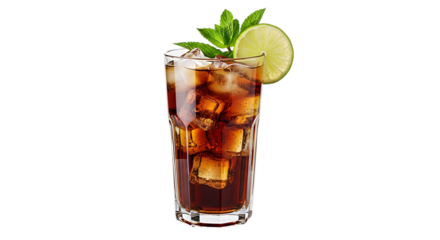 Tall glass filled with dark cola ice cubes mint and lime slice, isolated on a white or transparent background, cutout, PNG