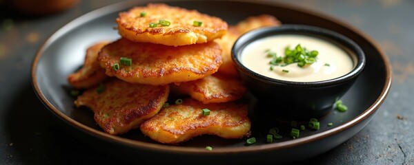 Fried potato pancakes served with sauce in a black bowl. Food placed on a plate. Tasty snack meal. Closeup photo of delicious meal for culinary blog.