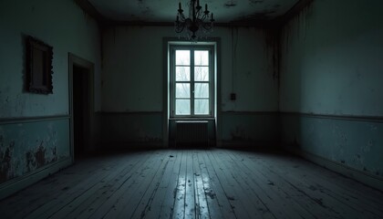 Dark empty old room with large window, chandelier. Peeling walls, wooden floor show decay. Spooky interior of abandoned house creates creepy mystery mood, perfect for horror movie or game background.