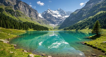 Serene alpine lake reflects snow-capped peaks and lush green mountainside