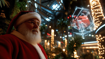 A joyful Santa Claus is captivated by a holographic display of festive graphics amidst a beautifully lit indoor garden, embodying the spirit of the holiday season.