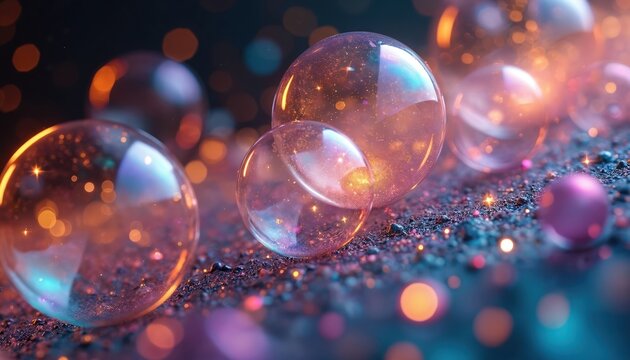 Colorful bubbles on glittering surface. Transparent shiny spheres with star effect inside. Bright, clear balls on sparkling background. Rainbow colors, light reflections. Abstract illustration of