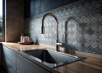 A modern, sleek sink with a faucet and decorative tile backsplash in a contemporary kitchen