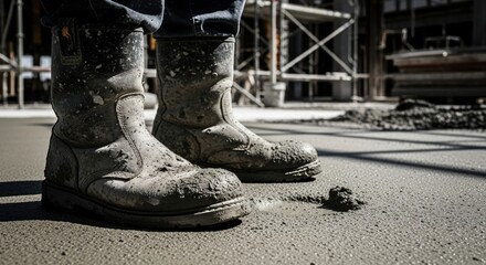 Boots of a concrete worker standing on a newly poured floor, industrial background, safety gear, heavy duty work concept, harsh shadows, high contrast