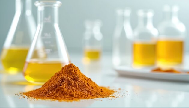 Curcuma powder lies on laboratory table. Glassware, bottles stand in background. Turmeric extract component lies for analysis, research, experiment, synthesis. Mixture gets prepared using lab - Powered by Adobe