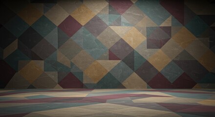 Geometric pattern room with muted earth tones and subtle spotlight