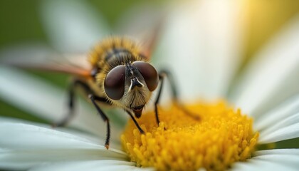 Macro shot of furry hoverfly sitting on white daisy flower. Insect large brown compound eyes. Collects pollen from yellow flower center under bright sun light. Captures vibrant spring summer nature