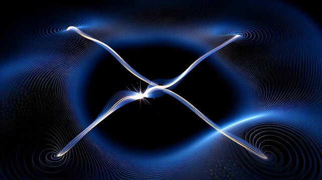 Abstract animation of Vibrating String Theory, illustrating quantum physics with interacting cosmic energy waves and particles.