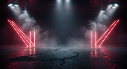 Dark stage with red neon lights and smoky atmosphere