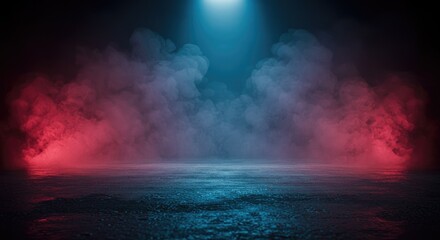 Moody atmospheric scene with vibrant red and blue smoke under spotlight on textured ground