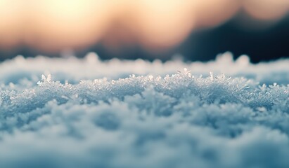 Frost forming intricate patterns on a cold winter surface, backlit by soft, warm bokeh creating a peaceful serene mood