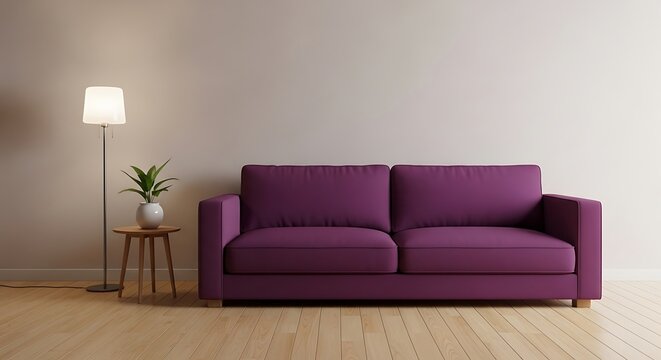 Stylish living room interior with a vibrant violet sofa and cozy lighting