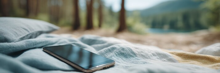 Cell phone is laying on a blanket in a forest