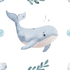 Whale with algae and bubbles. Seamless watercolor pattern, hand drawn on a white background. For packaging, design, wallpaper, wrapping paper. Marine children's theme