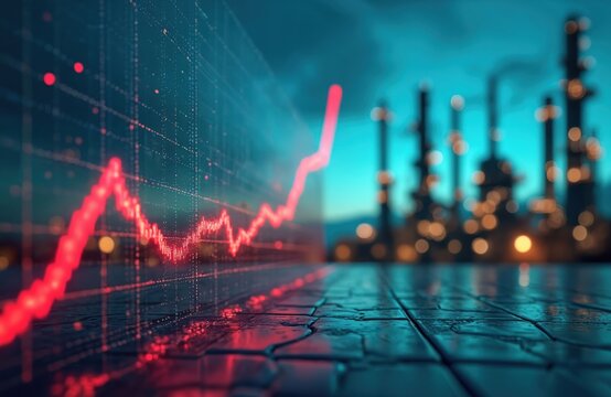 Red digital financial chart shows market growth, price surge. Industrial chemical plant with smokestacks in background. Rising oil, energy sector trends. Business tech data analysis of economy, - Powered by Adobe