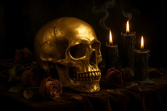 Golden Skull with Melting Black Candles and Roses - Powered by Adobe