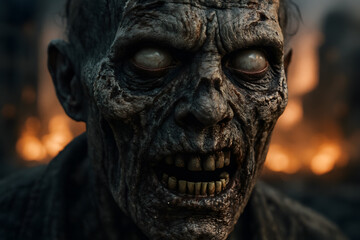 Obraz premium Hyper-Realistic Decaying Zombie Face Close-Up