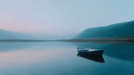 Naklejka premium Small blue boat sits in a calm lake
