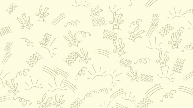 A whimsical seamless pattern featuring hand-drawn doodles of crowns with hearts, sunbursts, zigzags, and swirls on a soft yellow background