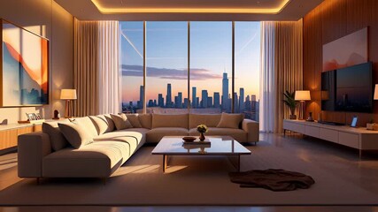Futuristic virtual real estate tour shows a modern luxury apartment transitioning from a digital wireframe blueprint to a realistic interior design with a city skyline view. - Powered by Adobe
