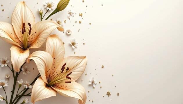 Illustration of beige lilies with brown speckles. Small white flowers and gold glitter dots complement the floral design. Ideal for wedding cards feminine brands.