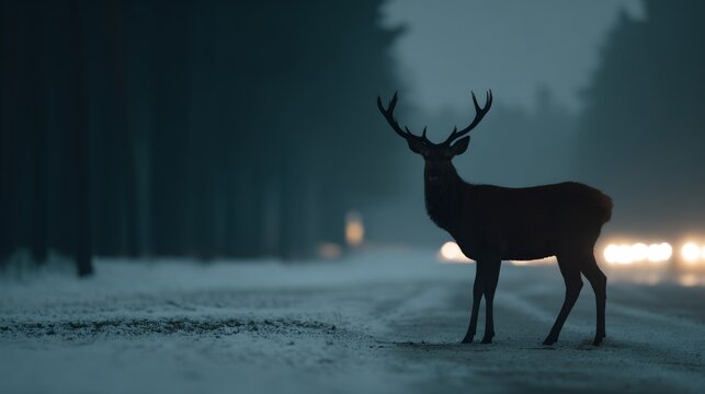 Deer stands in the snow on a road at night