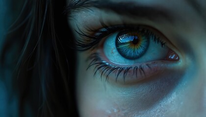 Extreme closeup of a woman blue eye with dark hair. Vision detail shows reflection and clear iris. Eye represents beauty, emotion and human sight. Concept for ophthalmology.