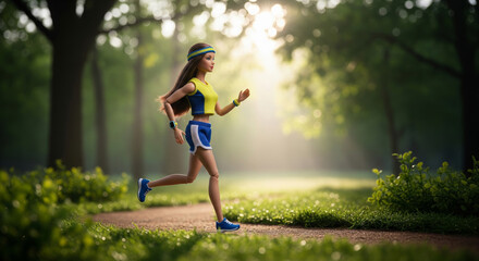 A female fashion doll in sportswear running in a park