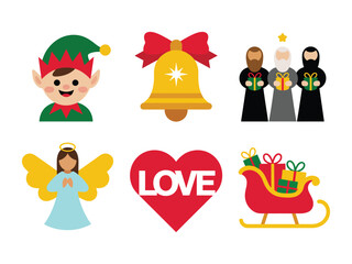 Naklejka premium A collection of festive holiday icons including an elf, bell, wise men, angel, heart, and sleigh.