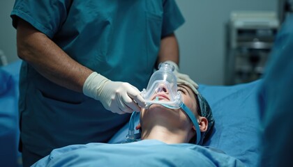 Medical pro in scrubs, white gloves puts oxygen mask on female patient face. Woman lies on hospital bed, prepared for surgical procedure. Anesthesiologist applies anesthesia mask to client for