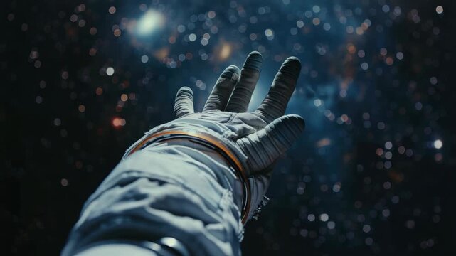 Astronaut's gloved hand stretched out in space