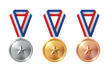 Naklejka premium Vector 3d Gold, Silver, Bronze Medal Set. Award Medals for Sport. Medal Icon, Isolated. Medal Badge Collection. Winner First Second Third Place Trophy Design Template for Championship